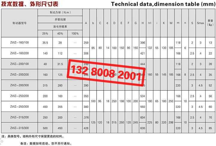 ZWZ3系列直流電磁鼓式制動器技術數(shù)據(jù)、外形尺寸表